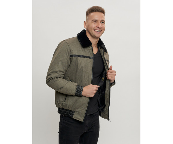 Куртка классическая с мехом мужская цвета хаки 2917Kh