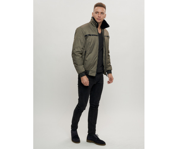 Куртка классическая с мехом мужская цвета хаки 2917Kh