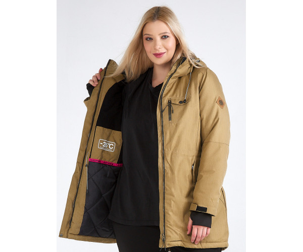 Женская зимняя парка большого размера горчичного цвета 19491G