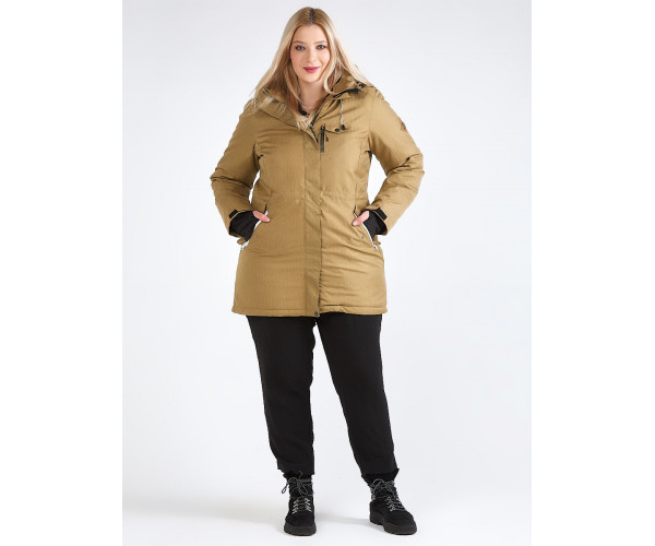 Женская зимняя парка большого размера горчичного цвета 19491G