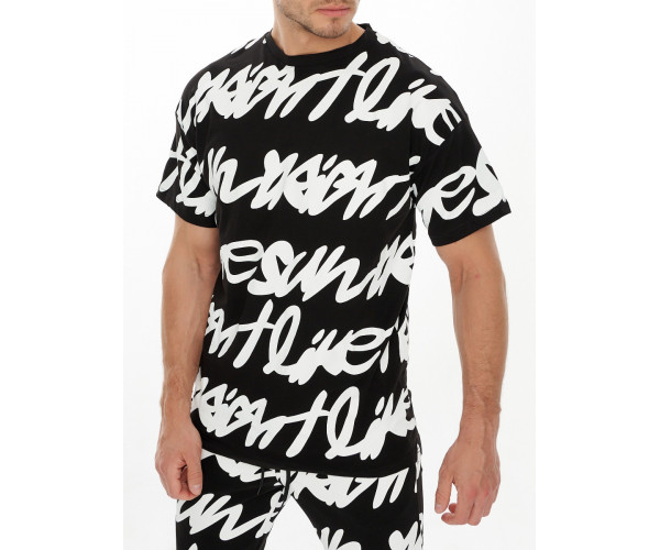 Костюм штаны и футболка с надписями черного цвета 9177Ch