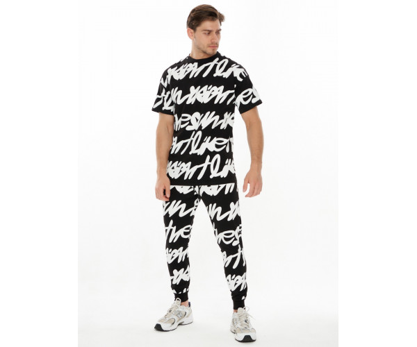 Костюм штаны и футболка с надписями черного цвета 9177Ch