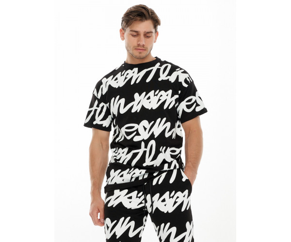 Костюм штаны и футболка с надписями черного цвета 9177Ch