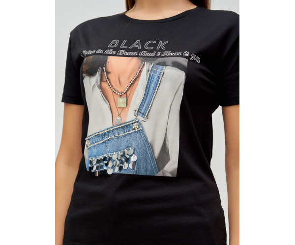 Женские футболки с принтом черного цвета 1614Ch