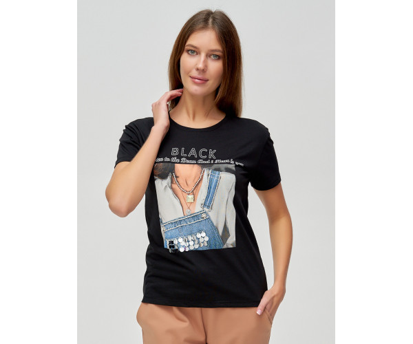 Женские футболки с принтом черного цвета 1614Ch