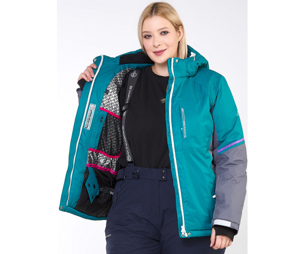 Женская зимняя горнолыжная куртка большого размера зеленого цвета 1934Z