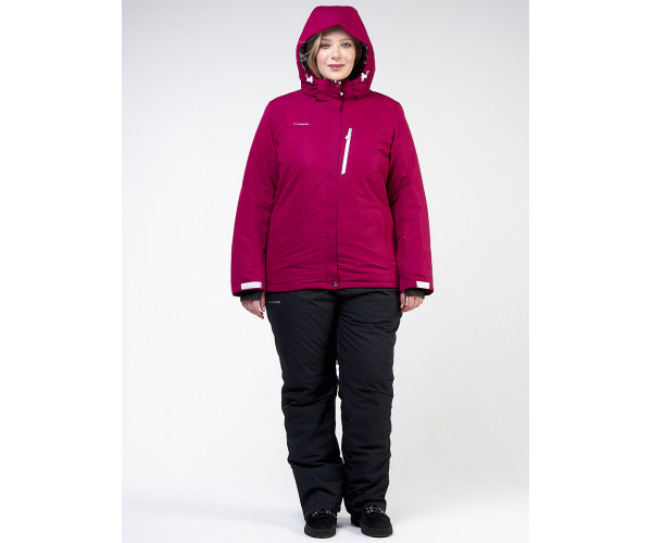 Женский зимний костюм горнолыжный большого размера малинового цвета 011982M