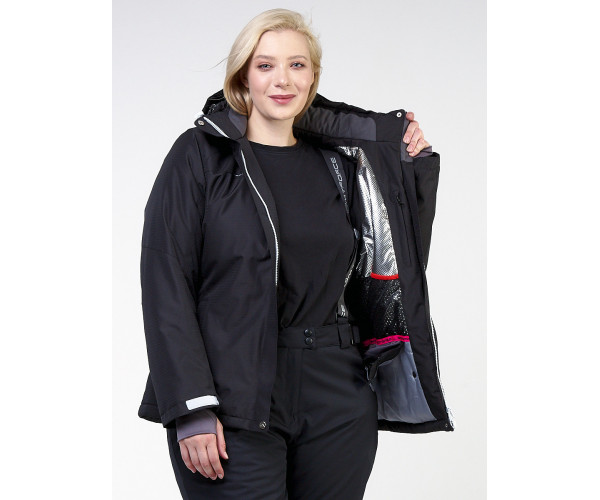 Женский зимний костюм горнолыжный большого размера черного цвета 011982Ch
