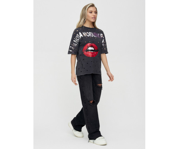 Женские футболки с принтом темно-серого цвета 1644TC