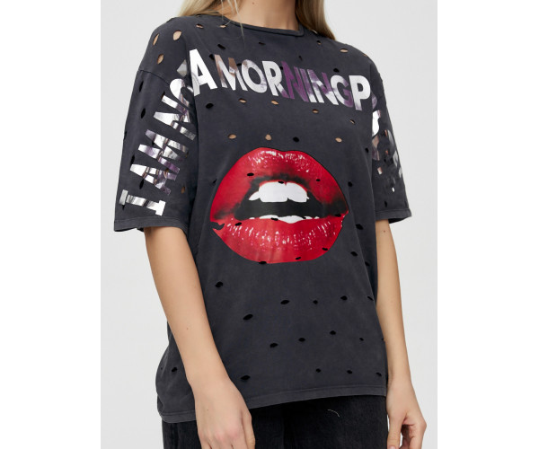 Женские футболки с принтом темно-серого цвета 1644TC