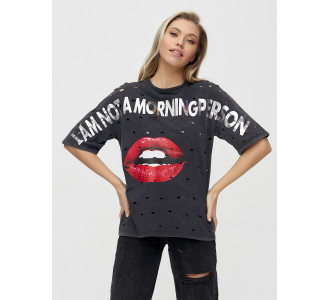 Женские футболки с принтом темно-серого цвета 1644TC