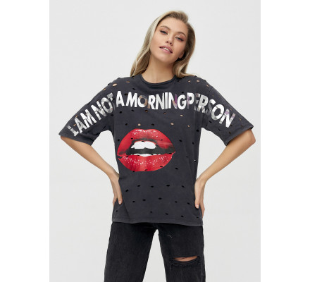 Женские футболки с принтом темно-серого цвета 1644TC