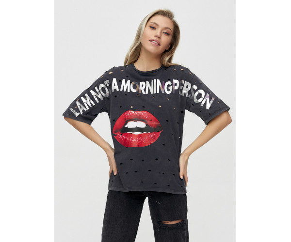 Женские футболки с принтом темно-серого цвета 1644TC