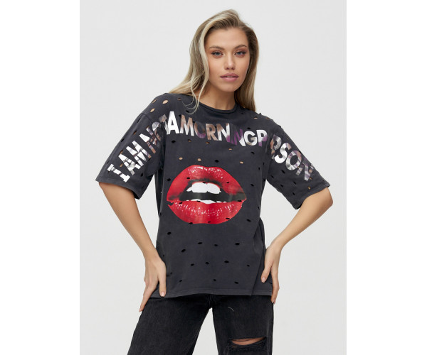 Женские футболки с принтом темно-серого цвета 1644TC