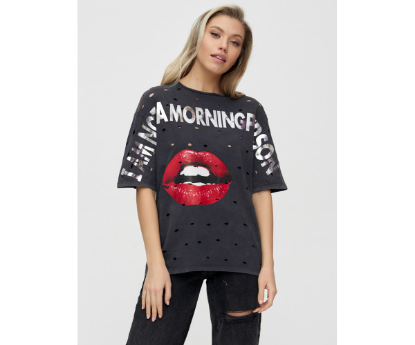 Женские футболки с принтом темно-серого цвета 1644TC