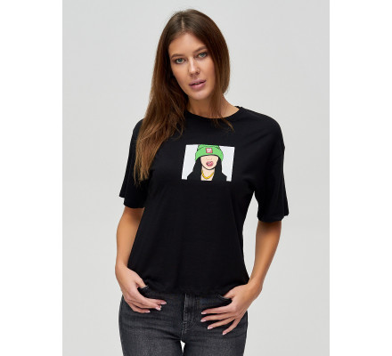 Женские футболки с принтом черного цвета 50003Ch