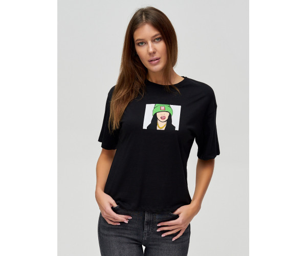 Женские футболки с принтом черного цвета 50003Ch