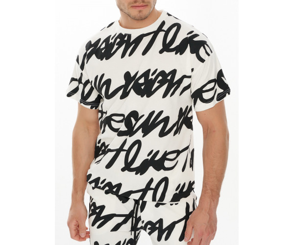 Костюм штаны и футболка с надписями белого цвета 9177Bl