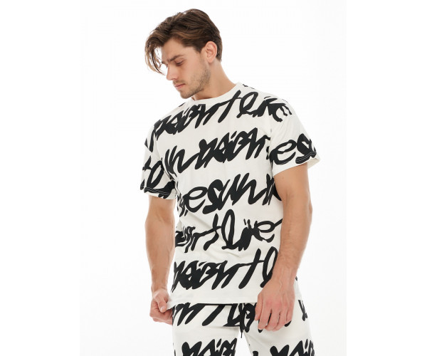 Костюм штаны и футболка с надписями белого цвета 9177Bl