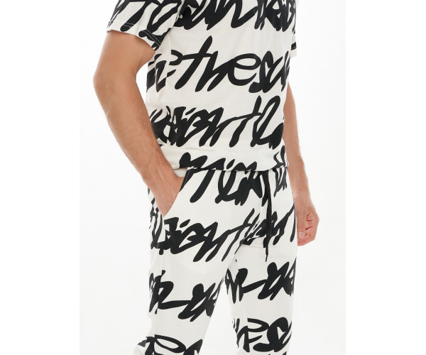 Костюм штаны и футболка с надписями белого цвета 9177Bl