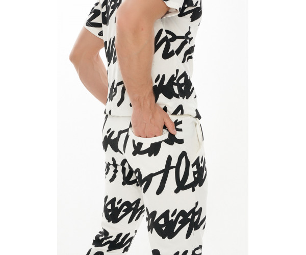 Костюм штаны и футболка с надписями белого цвета 9177Bl