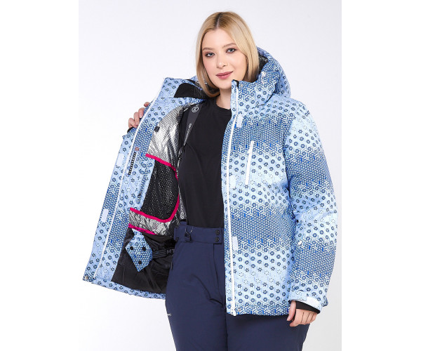 Женская зимняя горнолыжная куртка большого размера синего цвета 1830S