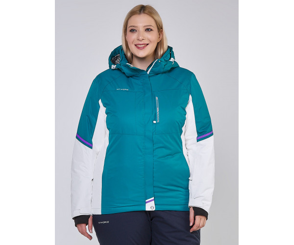 Женская зимняя горнолыжная куртка большого размера бирюзового цвета 1934Br
