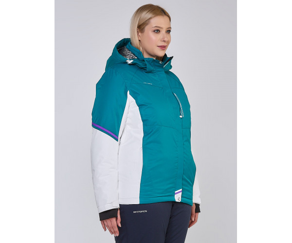 Женская зимняя горнолыжная куртка большого размера бирюзового цвета 1934Br
