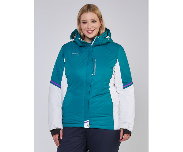 Женская зимняя горнолыжная куртка большого размера бирюзового цвета 1934Br
