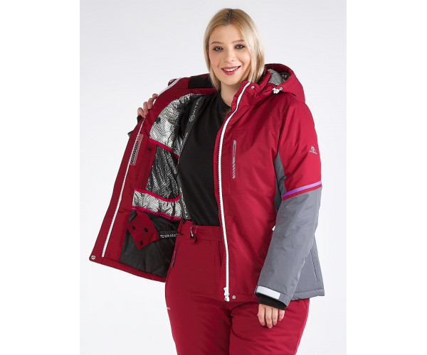 Женский зимний костюм горнолыжный большого размера бордового цвета 01934Bo