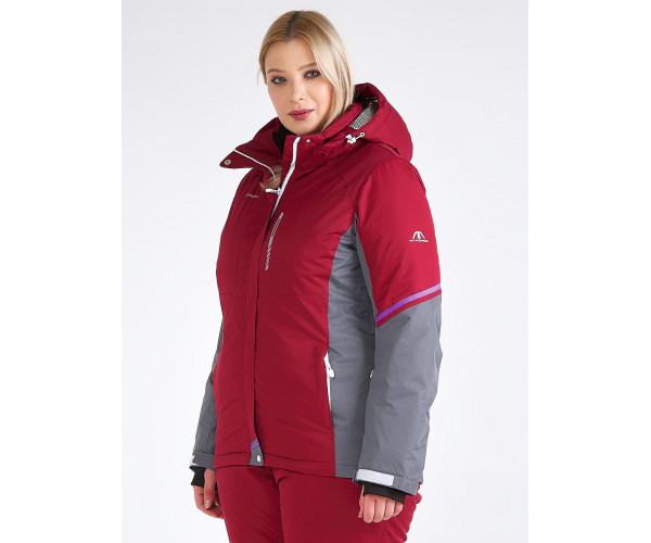 Женская зимняя горнолыжная куртка большого размера бордового цвета 1934Bo