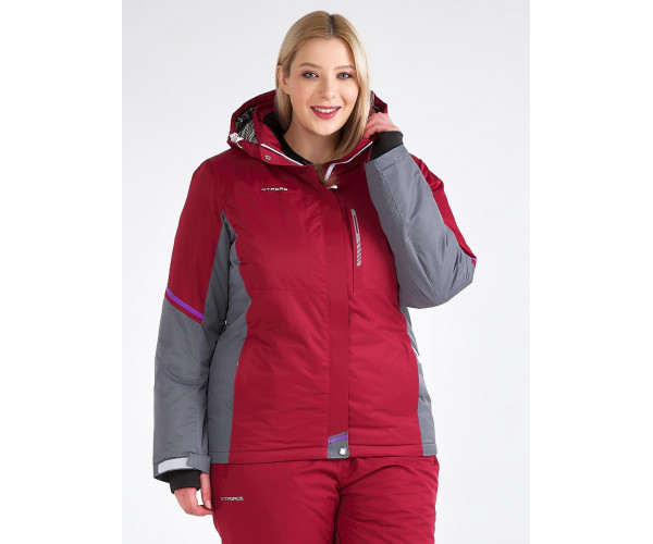 Женский зимний костюм горнолыжный большого размера бордового цвета 01934Bo