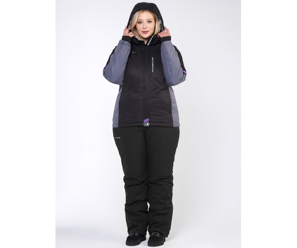 Женский зимний костюм горнолыжный большого размера черного цвета 01934Ch