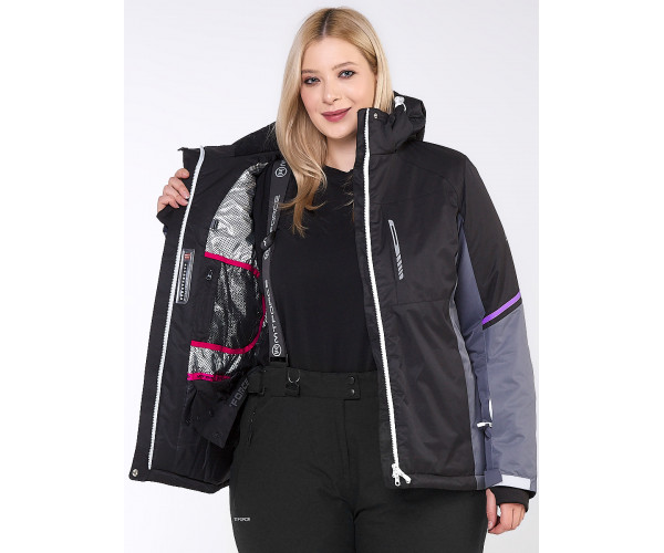 Женский зимний костюм горнолыжный большого размера черного цвета 01934Ch