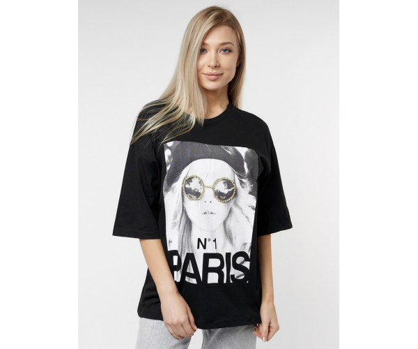 Женские футболки с принтом черного цвета 76110Ch