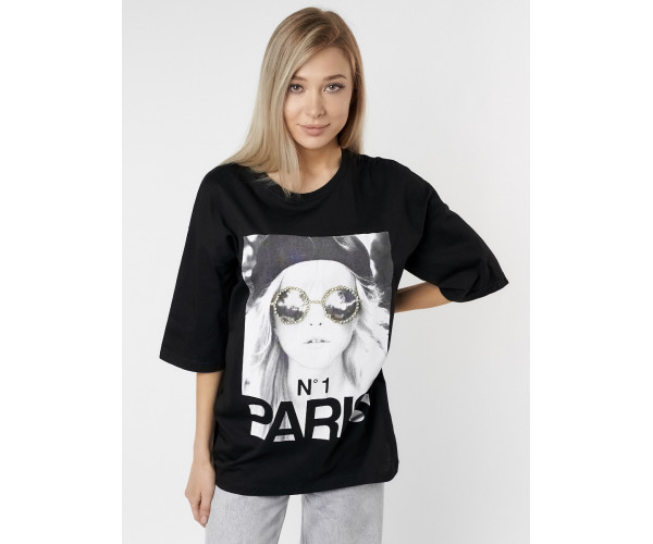 Женские футболки с принтом черного цвета 76110Ch