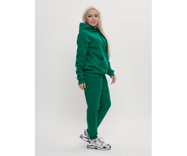 Трикотажный спортивный костюм женский с начесом темно-зеленого цвета 1084TZ