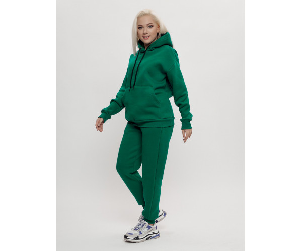 Трикотажный спортивный костюм женский с начесом темно-зеленого цвета 1084TZ