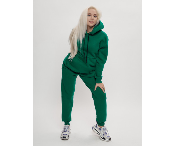 Трикотажный спортивный костюм женский с начесом темно-зеленого цвета 1084TZ