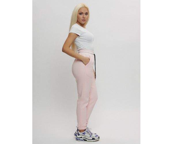 Джоггеры женские на флисе зимние светло-розового цвета 1097Sz