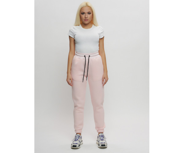 Джоггеры женские на флисе зимние светло-розового цвета 1097Sz